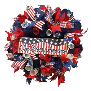 4th of July Independence Day decorative wreath with red white blue ribbons and star sign door decor