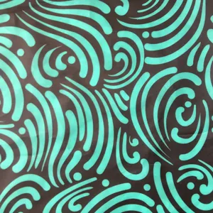 Waterproof storage bag fabric detail, mint green swirl pattern on brown background.