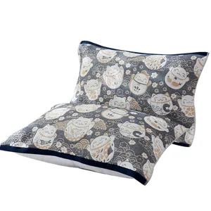 Cotton four-layer gauze pillow cover with lucky cat pattern, soft and breathable for all seasons.