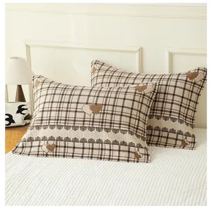 Cotton gauze pillowcases set brown plaid heart pattern soft bedroom bedding home detail view