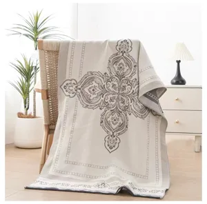 Λεπτομερης οψη παχιας πετσετας μπανιου απο γαζα βαμβακιου σε ξυλινη καρεκλα με μοτιβο.