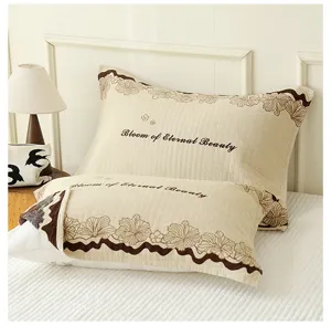 Three-layer gauze pillow towel set, soft cotton floral embroidered pillowcase for home bedroom use