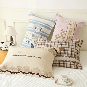 Pure Cotton Triple Layer Gauze Pillow Towel Soft Plaid Cartoon Embroidered Pillow Cover For Student Dormitory Home Bedding