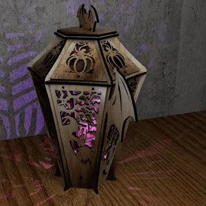 Wooden hollow Halloween lantern detail showing intricate bat and pumpkin carved patterns.