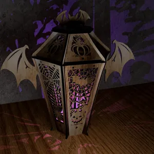 Halloween wooden hollow lantern bat wing pumpkin spider web candle holder party decoration main