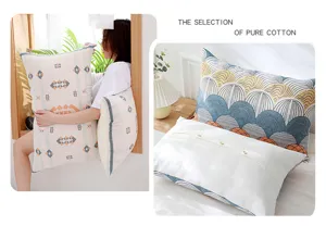 Detail shot of pure cotton gauze pillowcase featuring soft texture and geometric patterns.