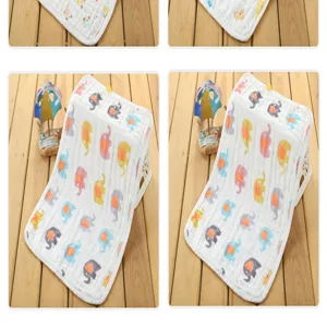 Doux tissu de gaze de coton pour bebe et serviette de visage avec motif d'elephant.