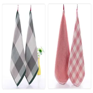Cotton plaid face towel detail view, thick absorbent hanging washcloth for daily home use.
