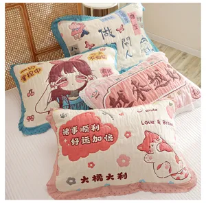 Cute cartoon printed puff pillowcase lace cotton gauze soft breathable bed pillow cover detail