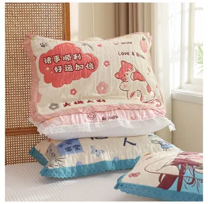 Cute cartoon lace puff pillowcase soft breathable cotton gauze cover towel for home use