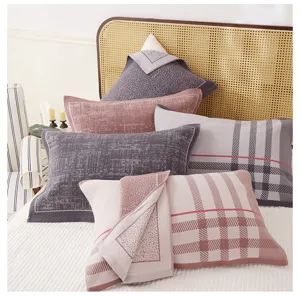 Cotton gauze pillow towel detail shot, breathable plaid pillowcase for bedding set home use.