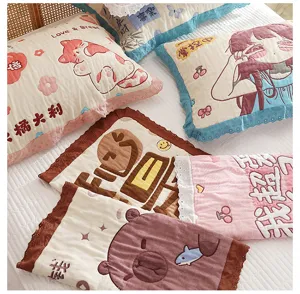 Wholesale cute cartoon cotton gauze pillowcase, soft and breathable home bedding pillow cover.