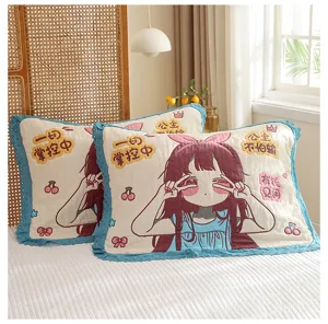 Cute cartoon cotton gauze pillow cover with lace trim and fun embroidery, breathable soft.