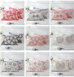 Soft cotton gauze pillow covers with Japanese lucky cat and floral patterns detail view.