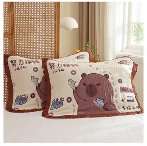 Cute cartoon bear cotton gauze pillow cover with lace trim, soft breathable home bedding pillowcase