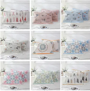 Cotton gauze pillow cover detail showcasing breathable soft fabric and multiple patterns.