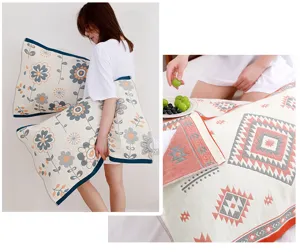 Four-layer gauze cotton pillow towel detail, soft breathable fabric with floral and geometric prints.