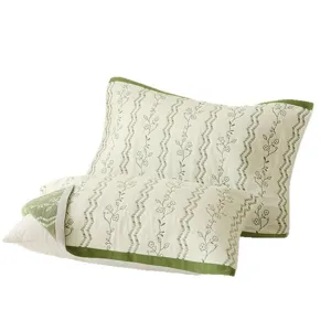 Soft cotton gauze pillowcase pair with green floral pattern breathable home bedding set