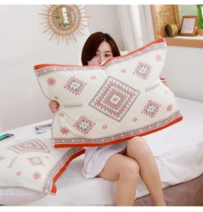 Soft breathable four-layer cotton gauze pillow towel with ethnic geometric pattern for home.