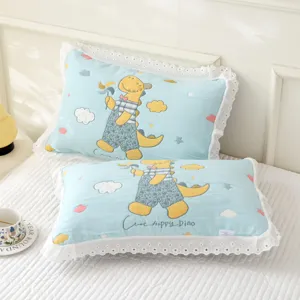 Soft cotton gauze children pillowcase with cute dinosaur embroidery and lace trim for home use