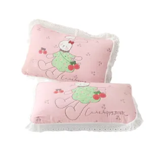 Children cotton gauze pillowcase cute cartoon embroidered lace border breathable pillow cover