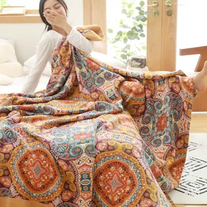 Japanese Style Cotton Gauze Blanket Ethnic Floral Print Summer Air Conditioning Quilt Breathable Bedding Throw Blanket