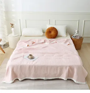 Couverture en gaze de coton pur rose à quatre couches, couette d'été douce et respirante.