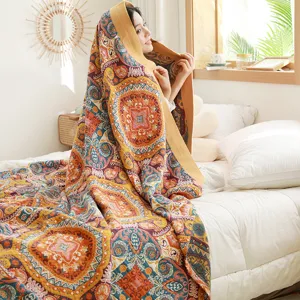 Bohemian ethnic style cotton gauze summer quilt blanket for bedroom bed decor cozy