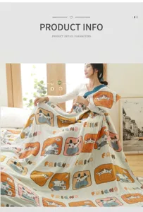 Five-layer colored cotton blanket, soft breathable summer quilt with cute cow print design.