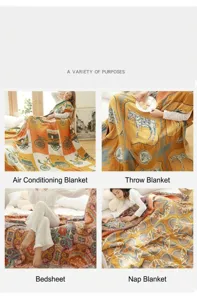 Multi-layer cotton towel blanket, versatile nap and air conditioning quilt, vintage print.