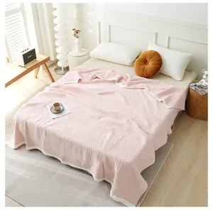 Couverture de lit en gaze de coton quatre couches, couette d'été unie douce pour lit.