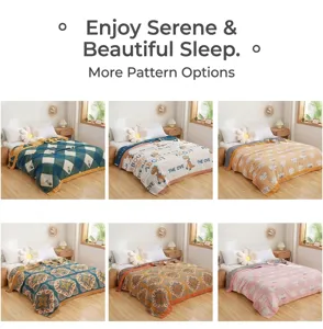 Multi-pattern summer cotton towel quilt detail shot, soft breathable air conditioning blanket.