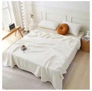 Coton pur couette d'été en gaze à 4 couches, couverture de lit blanche douce et respirante.