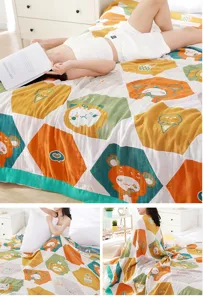 Soft 5-layer gauze towel blanket with cute cartoon pattern, breathable summer quilt.