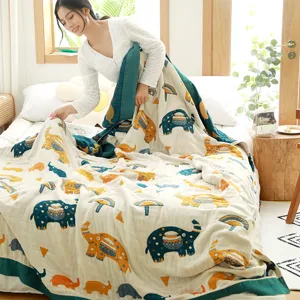 Couverture Serviette en Pur Coton Été Climatisation Couverture Motif Éléphant de Dessin Animé Douce Respirante Housse de Lit Bureau