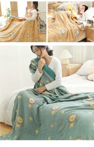5-Layer Cotton Gauze Blanket Soft Cute Lion Pattern Summer Air Conditioning Quilt for Bed Sofa