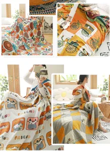 Cotton gauze summer blanket, breathable air conditioning throw with cute prints for bedroom.