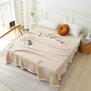 Zuiver katoenen 4-laags gaze zomerdeken voor tweepersoonsbed, ademende zachte effen sprei.