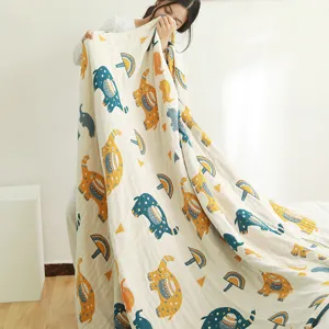 Couverture d'ete en coton doux et respirant avec impression d'elephant mignonne pour lit