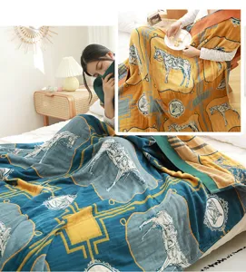 Cotton 5-layer gauze blanket with horse print summer cool quilt sofa throw for home use