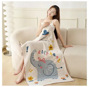 Suave toalla de baño de gasa de algodón con bonito estampado de elefante, muy absorbente.