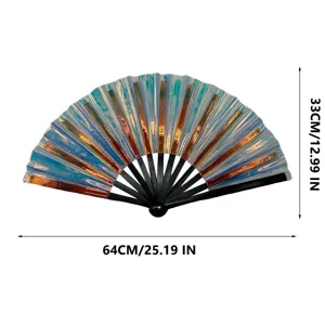 Detailed view of holographic folding fan showing colorful iridescent material and black ribs.