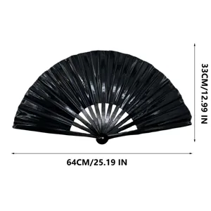 Black folding fan for dance and music festival parties, portable performance prop with size.