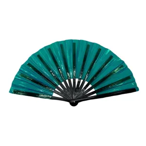 Close-up detail of the vibrant teal folding rave fan, showing glossy textured blades.