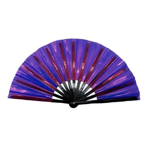 10-inch holographic folding fan, purple rave dance fan, vibrant festival party prop accessory.