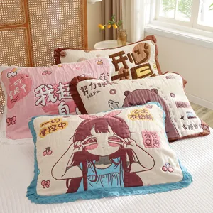 Wholesale cute cartoon cotton gauze pillow towel, soft lace puff pillowcase for adult home use.