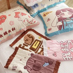 Wholesale cute cartoon cotton gauze pillowcase lace puff breathable adult bedding cover towel