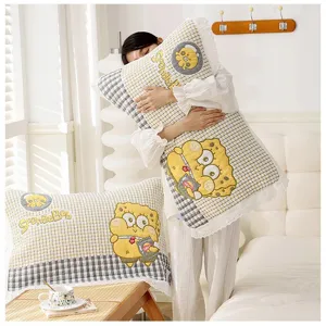 Cute cartoon cotton gauze pillowcase with lace edge, soft breathable bedding pillow cover.