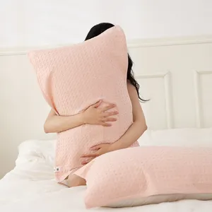 Plain simple waffle weave pillow towel soft breathable pink cover for home dormitory use.
