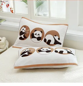 Four-layer gauze children pillowcase pair, breathable cotton cartoon panda design detail.